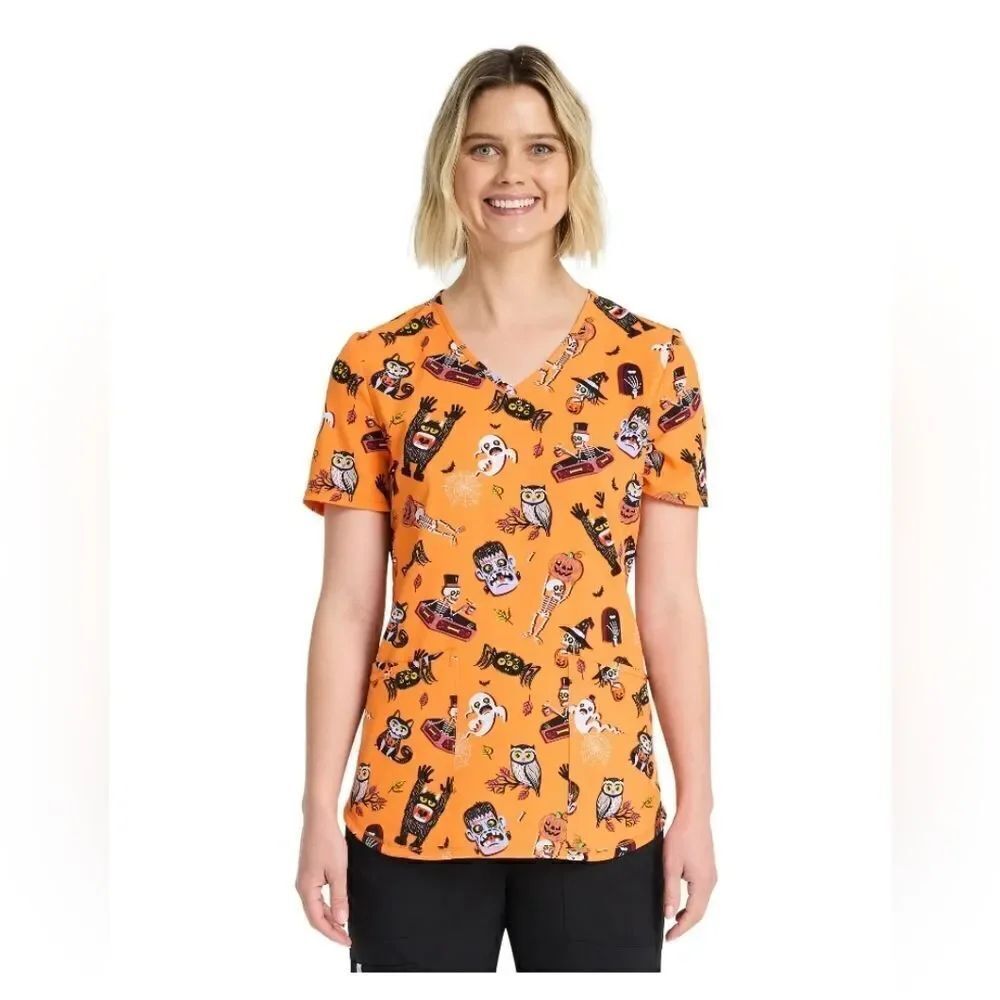 New Scrubstar Fright Friends Women's V-Neck Print Scrub Top
